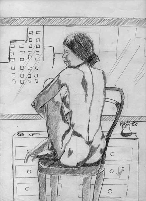Desenho de mulher sentada com pés sobre a cadeira - técnica grafite 6B