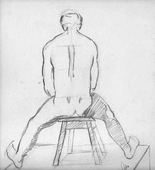 Desenho de homem sentado e de costas - técnica grafite 6B